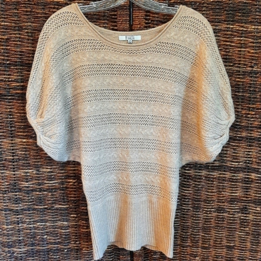 Wool Angora Rabbit Fur Cable Pointelle Knit Short Dolman Sleeve Sweater Small